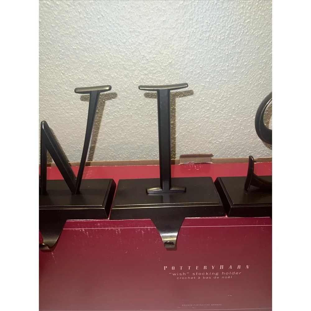 Pottery Barn Spell out WISH Mantal Stocking Holder Bronze Finish Set Of 4